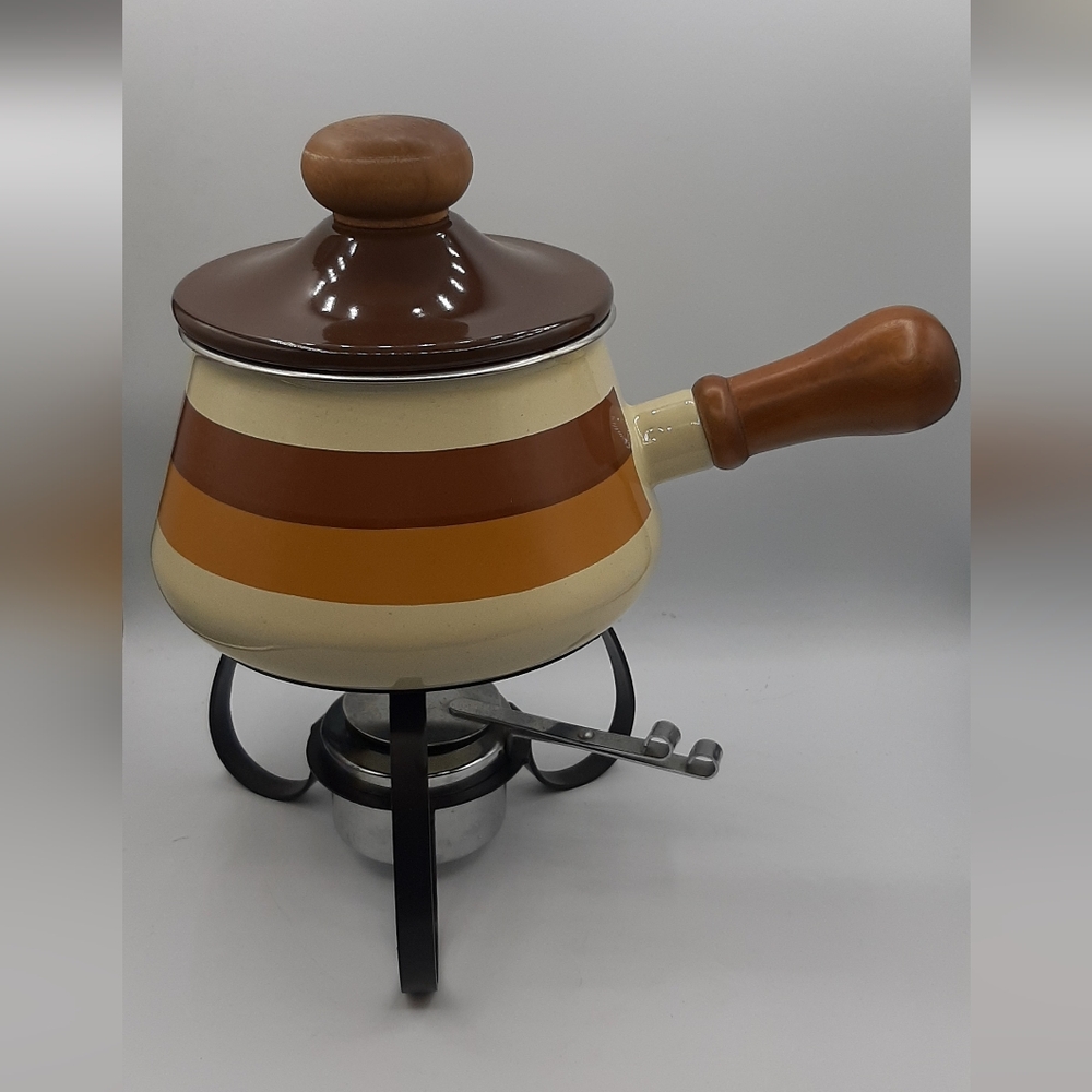 Vintage MCM Enamelware Brown Lidded Fondue Pot Sauce Pan Retro Wood Handles
